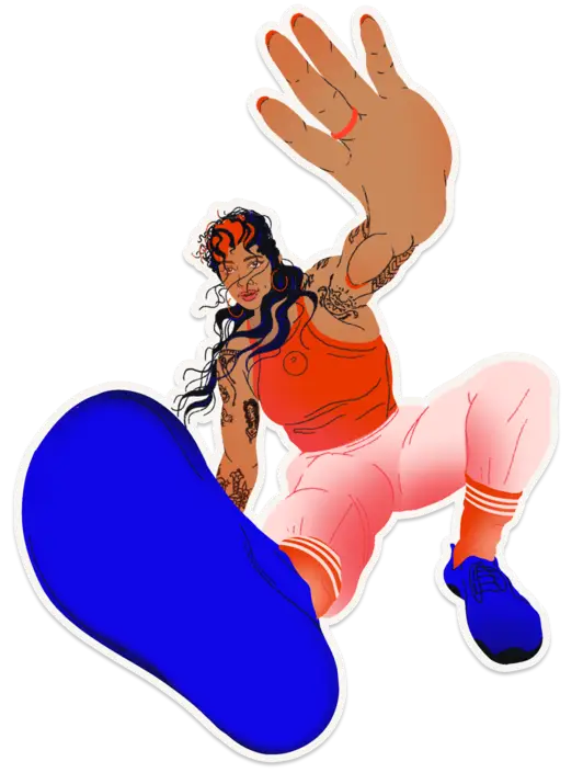 Sticker illustration of Olive in a crouched position with one hand and foot outstretched towards the viewer