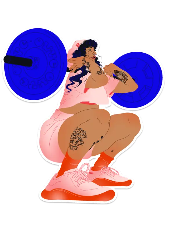 Sticker illustration of Olive squatting with a barbell